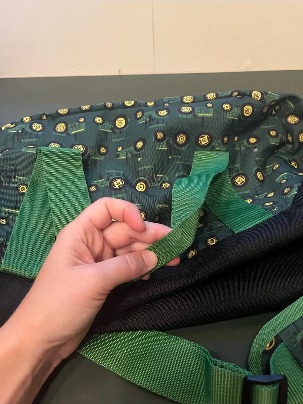 John Deere Green and Black Kids Duffel Bag with Tractor Wheel Pattern